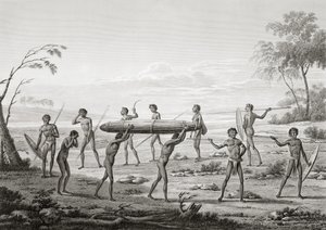 Port Jackson, New Holland: Aboriginal begravningsceremoni, från "Voyage Autour du Monde (1817-20)", av Louis Claude Desaulses de Freycinet (1779-1842) graverad av Lerouge och Villerey, publicerad 1822-24 (